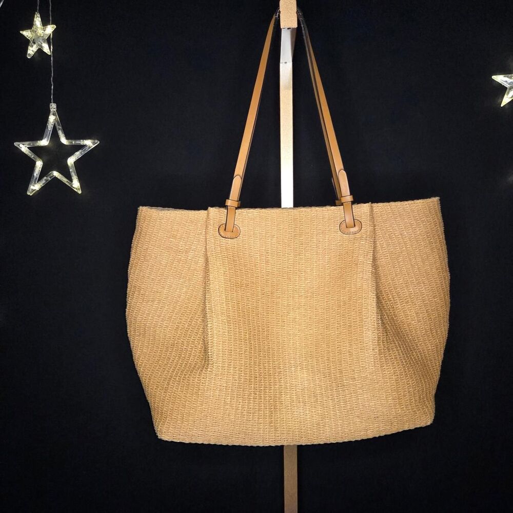 H&M Large Straw Woven Beach Tote Bag Tan Faux Leather Shoulder Bag